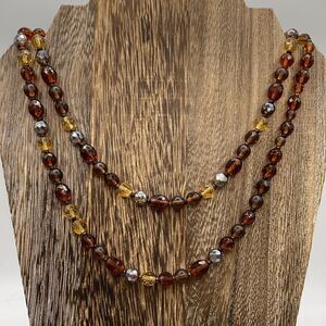 Vintage Amber Brown Glass Beaded Necklace 38+”